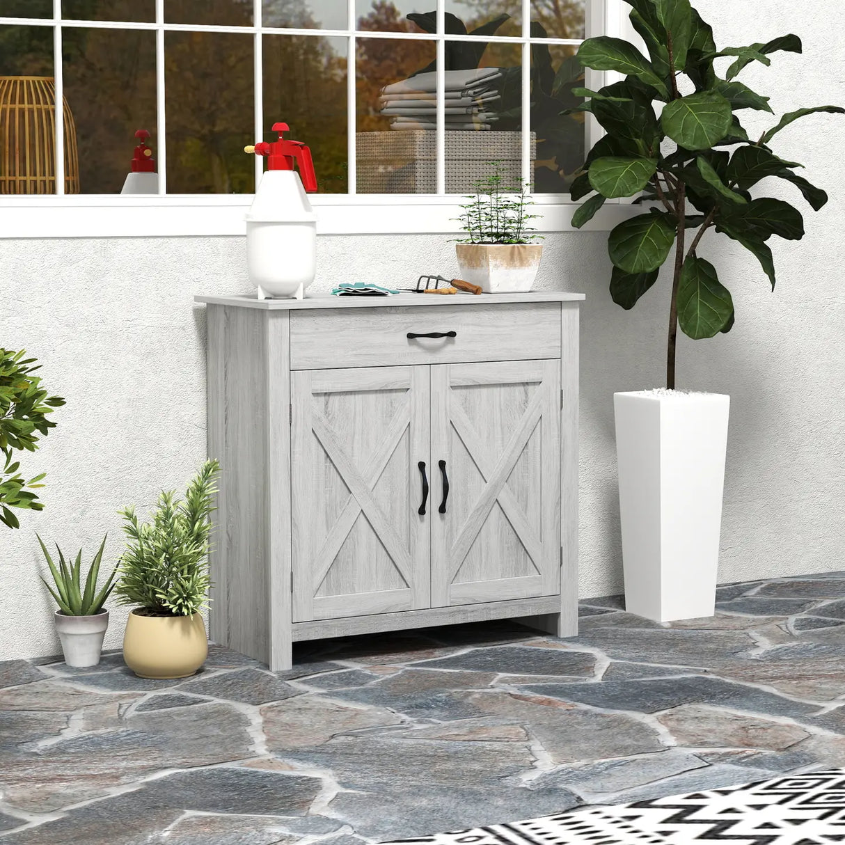 HOMCOM Farmhouse Barn Door Sideboard Storage Cabinet Coffee Bar for LIVING Room  Grey Grain