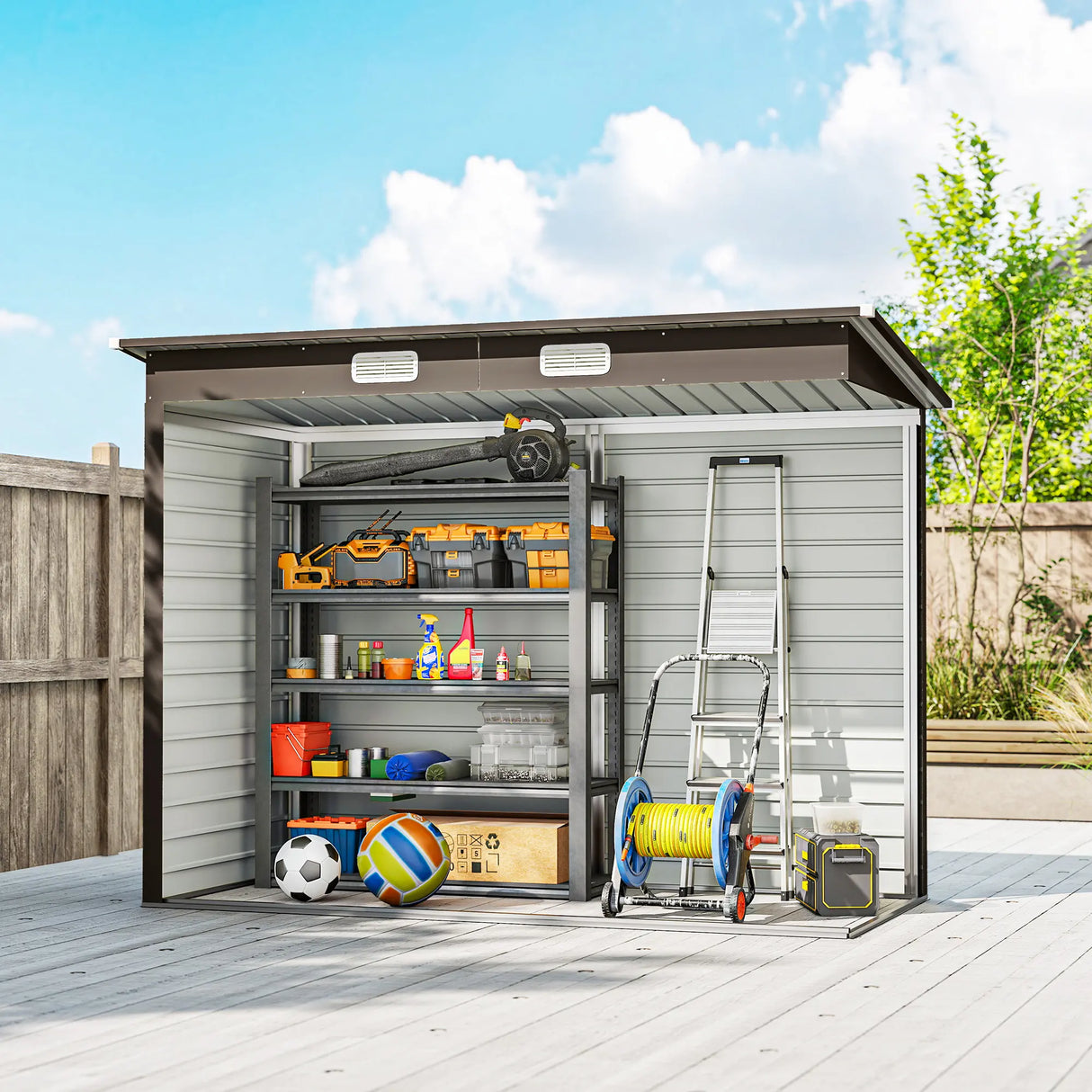Outsunny 3.7 x 7.9ft Galvanised Steel Shed, with Latched Door and Padlock - Oak