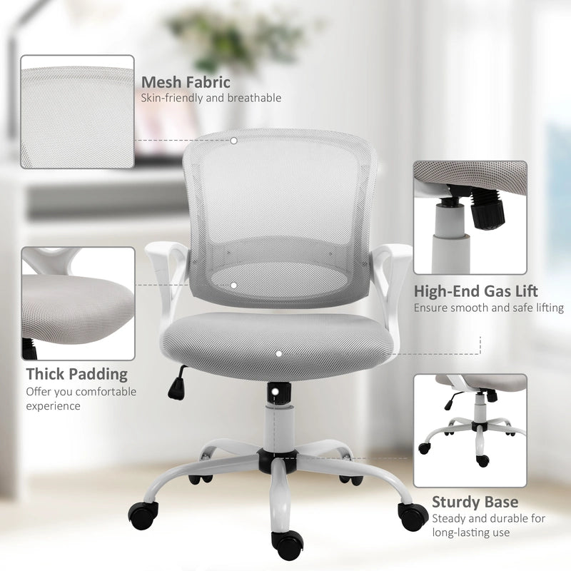 Vinsetto Home Office Chair and Computer Desk Set, Mesh Chair with Swivel Wheels, Study Desk with Storage Shelf, High Gloss White and Grey