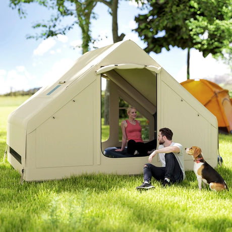 Outsunny Inflatable Camping Tent with Pump and Stove Jack Hole, Easy Setup 2-4 Person Blow Up Tent, Waterproof Luxury Inflatable Tent with Mesh Windows, Doors, Hook and Carry Bag, Beige