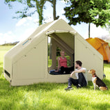 Outsunny Inflatable Camping Tent with Pump and Stove Jack Hole, Easy Setup 2-4 Person Blow Up Tent, Waterproof Luxury Inflatable Tent with Mesh Windows, Doors, Hook and Carry Bag, Beige