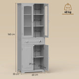 HOMCOM Freestanding Kitchen Cupboard, Storage Cabinet with 2 Adjustable Shelves, Drawer and Glass Door for Living Room, Grey