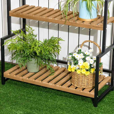 Outsunny 3 Tiered Plant Stand with Hanging Hooks, Flower Rack Shelf for Indoor Outdoor Porch Balcony Living Room Bedroom