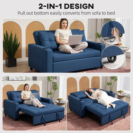 HOMCOM 2-Seater Sofa Bed with Cup Holders and Side Pockets for Overnight Guest, Dark Blue
