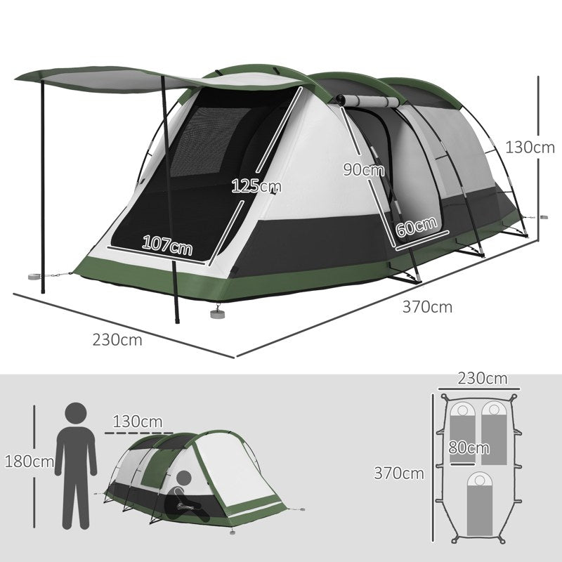 Outsunny Three-Man Camping Tent, with Two Rooms and Porch - Green