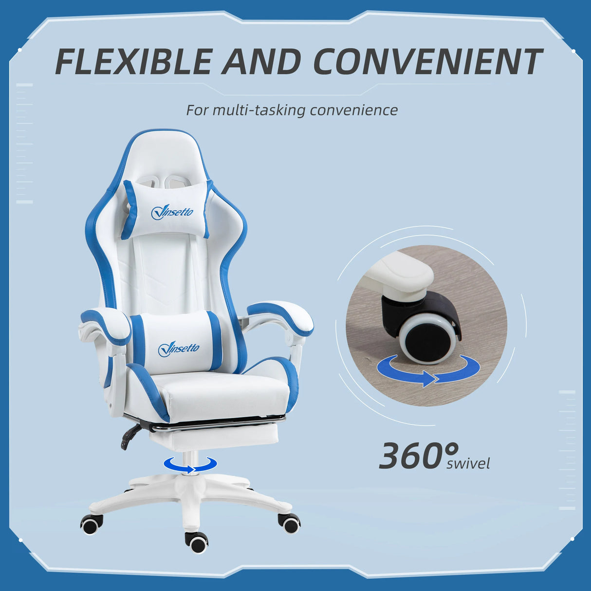 Vinsetto Computer Gaming Chair, PU Leather Office Desk Chair with Footrest, Swivel Wheels, 135 Reclining Back, Lumbar Support, Headrest for Home, White and Blue