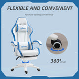 Vinsetto Computer Gaming Chair, PU Leather Office Desk Chair with Footrest, Swivel Wheels, 135 Reclining Back, Lumbar Support, Headrest for Home, White and Blue