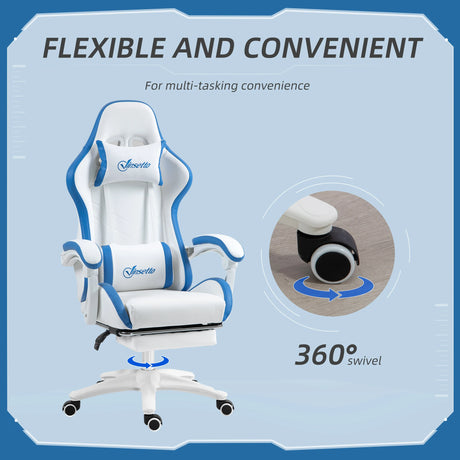 Vinsetto Computer Gaming Chair, PU Leather Office Desk Chair with Footrest, Swivel Wheels, 135 Reclining Back, Lumbar Support, Headrest for Home, White and Blue