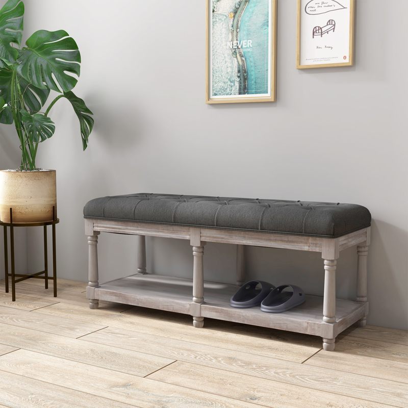 HOMCOM 2-Tier Bed End Bench, Vintage Stool, Wooden Window Seat with Storage Shelf, Button Tufted Upholstered Footstool for Living Room, Bedroom, Entryway, Grey