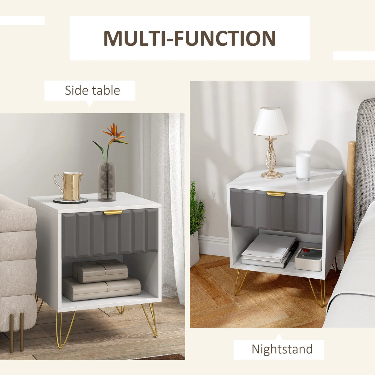 HOMCOM Bedside Table Modern Bedside Cabinet with Drawer and Open Compartment, 45 x 40 x 55, White