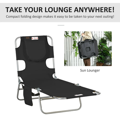 Outsunny Foldable Sun Lounger, Beach Chaise Lounge with Reading Hole, Arm Slots, 5-Position Adjustable Backrest, Side Pocket, Pillow for Garden, Beach, Pool, Black