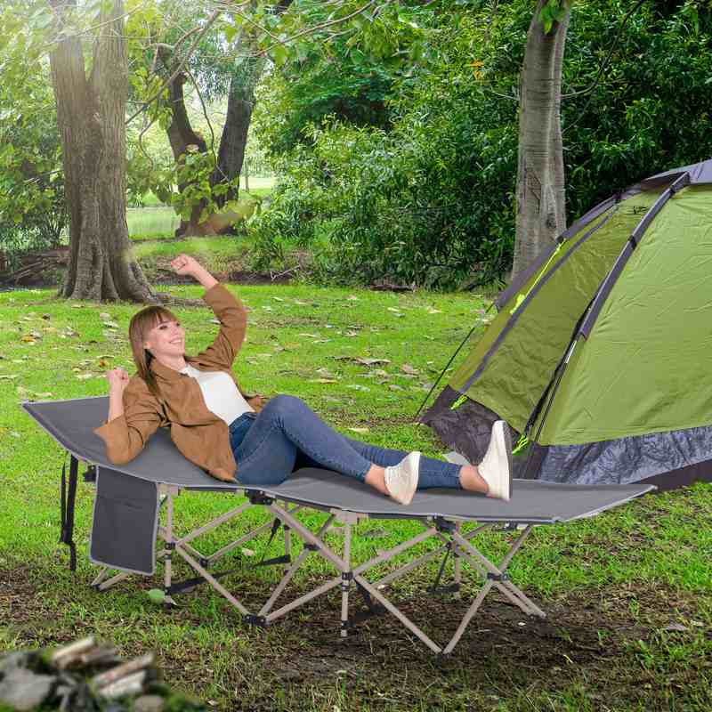 Outsunny Single Steel Frame Portable Camping Cot, with Carry Bag - Grey