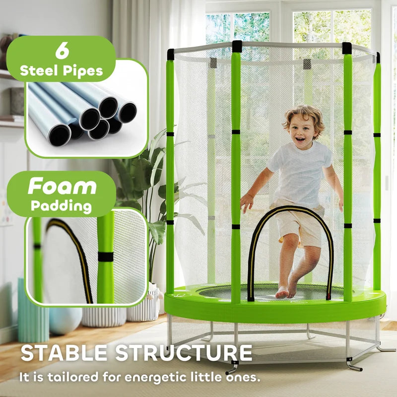 AIYAPLAY 4.6FT Toddler Trampoline w/ Safety Enclosure Net, for Indoor Outdoor Use, Ages 3-6 Years, Cloud Pattern - Green