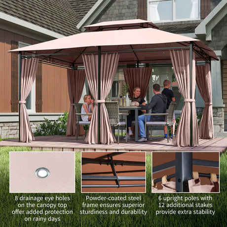 Outsunny 4m x 3(m)Garden Gazebo, Double Roof Outdoor Gazebo Canopy Shelter with Curtains, Solid Steel Frame for Patio, Garden, Brown