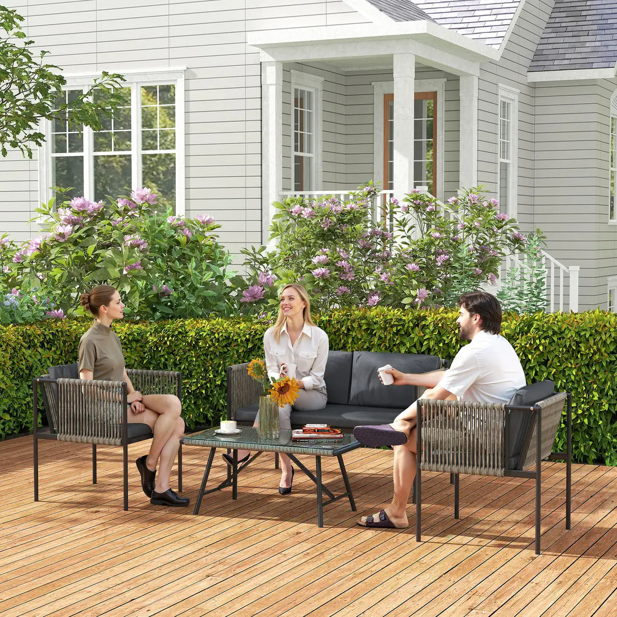 Outsunny Four-Piece Round Rattan Rope Sofa Set - Grey