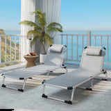 Outsunny Foldable Outdoor Sun Lounger Set of 2, Reclining Lounge Chair Camping Bed Cot with Pillow 4-Level Adjustable Back Aluminium Frame, Light Grey