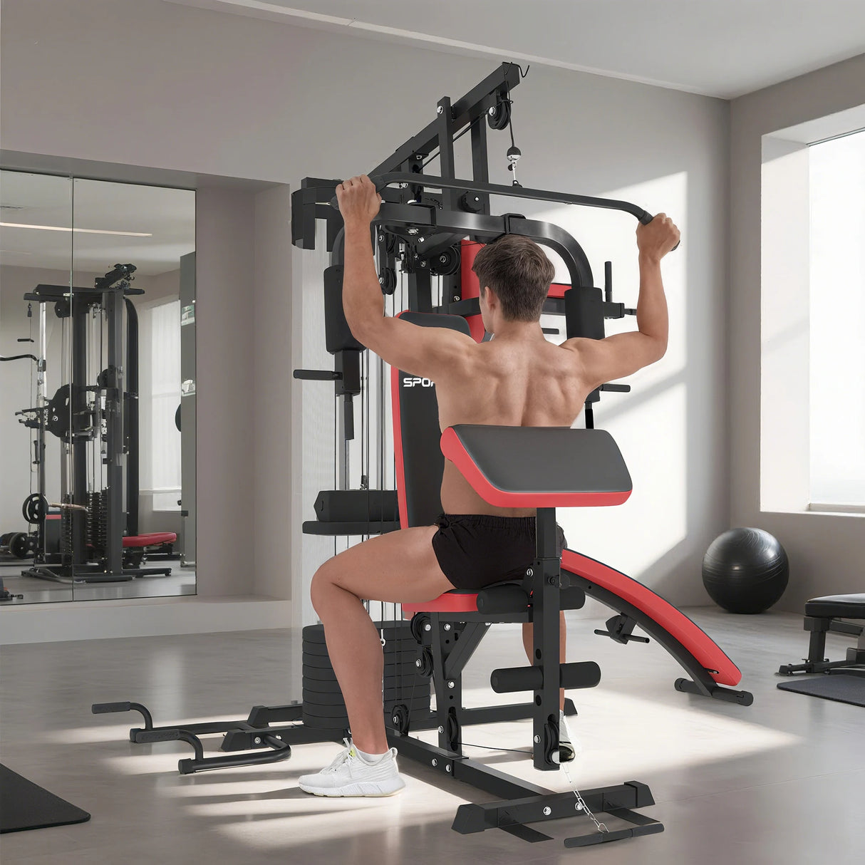 SPORTNOW Multi Gym Workout Station, Weight Machine with 65kg Weight Stack, Sit Up Bench, Push Up Stand, Dip Station