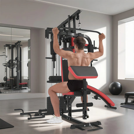 SPORTNOW Multi Gym Workout Station, Weight Machine with 65kg Weight Stack, Sit Up Bench, Push Up Stand, Dip Station