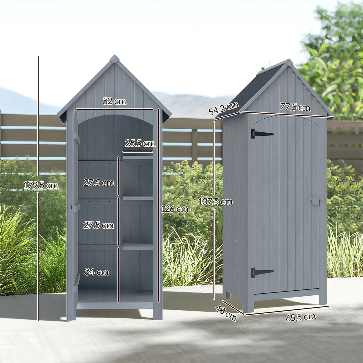 Outsunny Wooden Garden Storage Shed with 3 Shelves, Outdoor Tool Storage Cabinet with Tilt Roof and Lockable Door, 77.5 x 54.2 x 179.5 cm, Grey