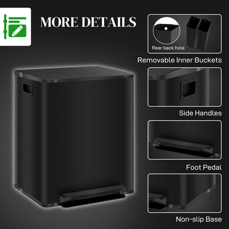 HOMCOM 50L Dual Compartment Stainless Steel Bin, with Deodoriser Holders - Black