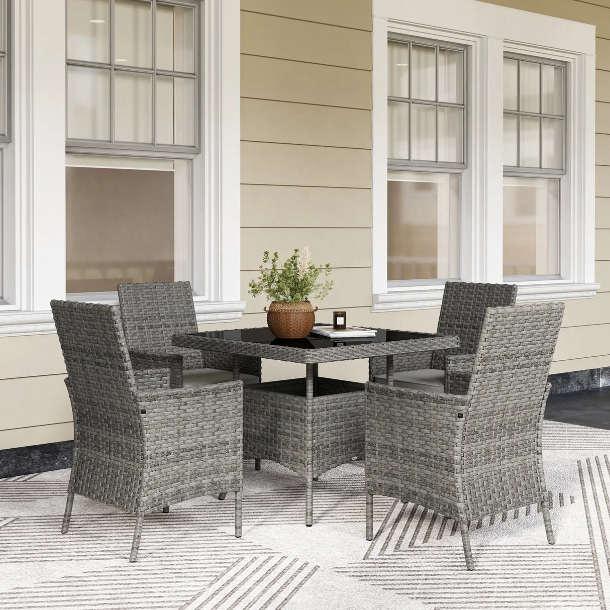 Outsunny Rattan Garden Furniture Set, Outdoor Dining Table and Chairs 4 Seater with Cushions, Square Tempered Glass Top, 4 Armchairs, for Balcony, Terrace, Conservatory, Grey