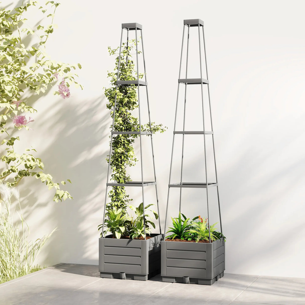 Outsunny 2 Pack Raised Garden Bed with Trellis, Plastic Outdoor Planter Box with Removable Drainage Tray