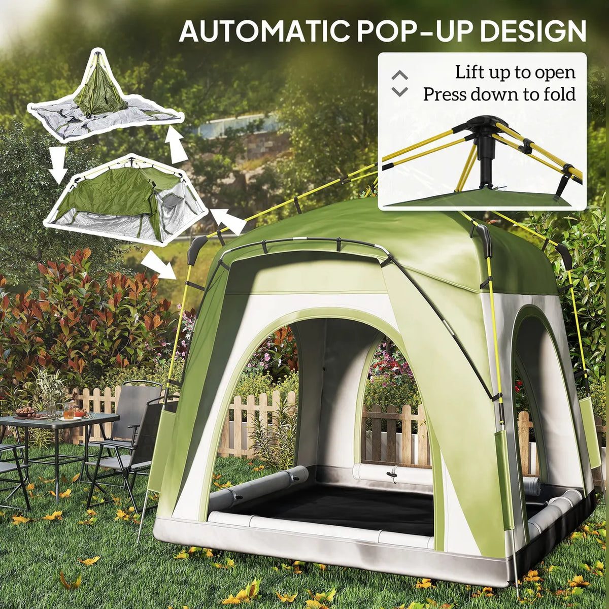 Outsunny Instant Pop Up Camping Tent, 4 Man Dome Tent with 4 Doors, Sewn-in Groundsheet, Carry Bag and Top Hook for Fishing Hiking Festival, Green