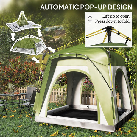 Outsunny Instant Pop Up Camping Tent, 4 Man Dome Tent with 4 Doors, Sewn-in Groundsheet, Carry Bag and Top Hook for Fishing Hiking Festival, Green