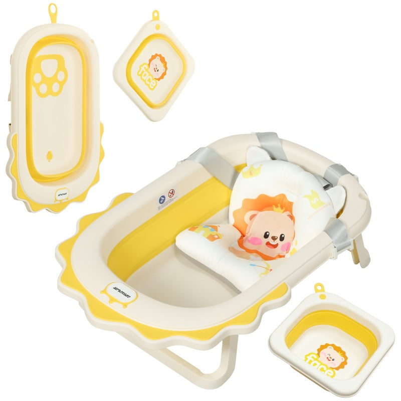 AIYAPLAY Foldable Baby Bath Tub Set with Bath Cushion, Wash Basin, Non-slip Stand & Bottom, Yellow