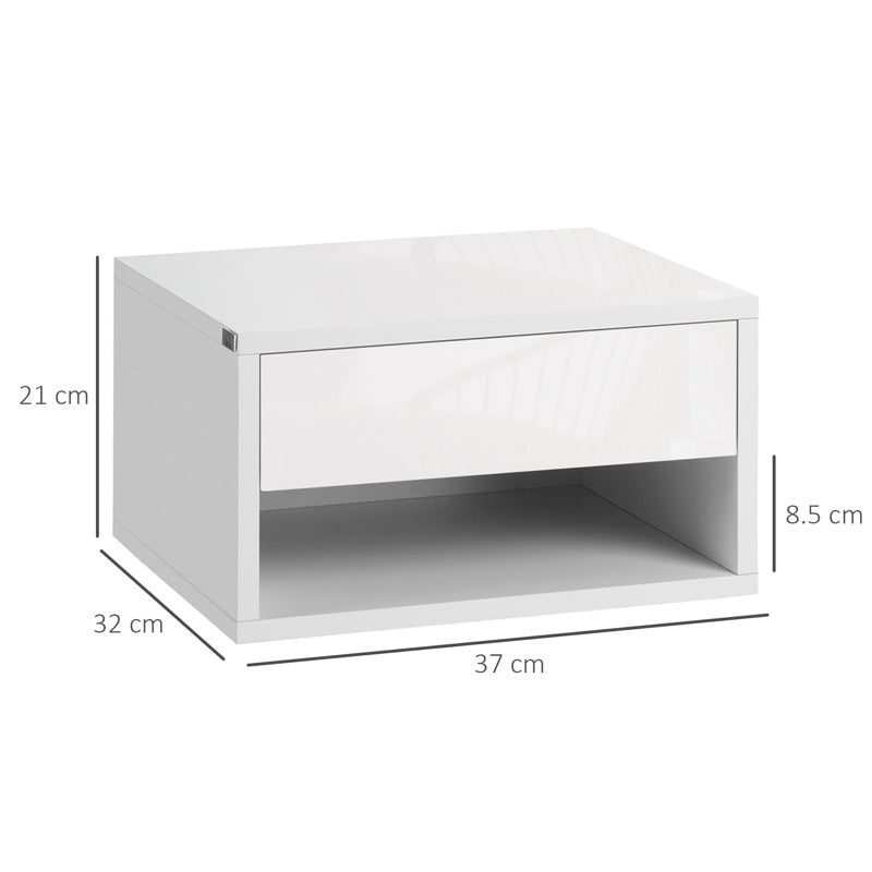 HOMCOM 2 Pieces Bedside Table Wall Mounted Nightstand with Drawer and Shelf for Bedroom, 37 x 32 x 21cm, High Gloss White