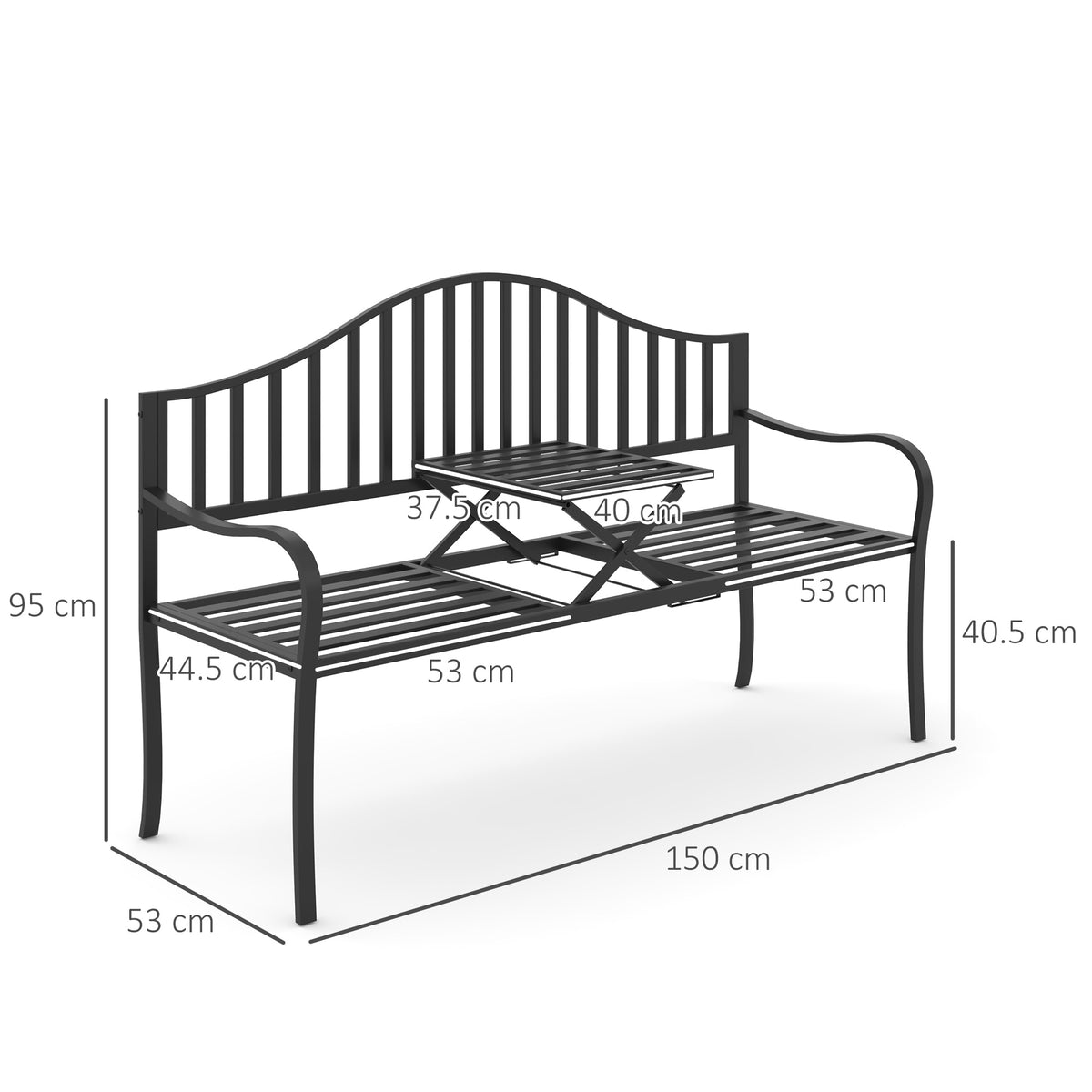 Outsunny Metal Bench W/Table,  150Lx53Wx95H cm