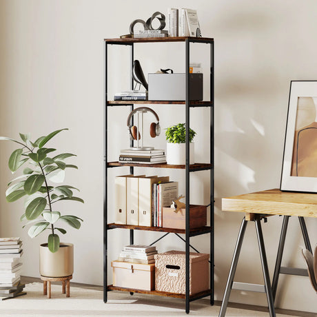 HOMCOM 5-Tier Bookshelf, Industrial Bookcase with Metal Frame - Rustic Brown and Black