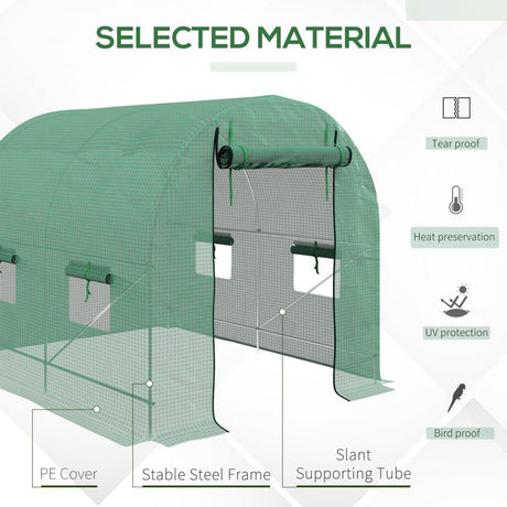 Outsunny Walk-In Garden Polytunnel Greenhouse with Steel Frame, PE Cover, Roll-Up Door and 4 Windows, 2.5 x 2m, Green