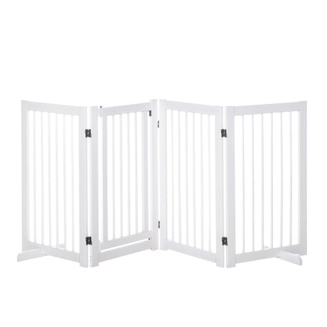 PawHut Freestanding Pet Gate 4 Panels Wooden Dog Safety Fence Foldable with Support Feet for Doorway Stairs 91cm Tall White