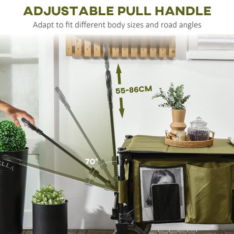 Outsunny Folding Garden Trolley, Cargo Trailer on Wheels, Collapsible Camping Trolley with Folding Board, Outdoor Utility Wagon with Steel Frame and Oxford Fabric, Green