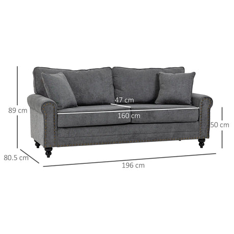 HOMCOM 196cm 3 Seater Sofa, Fabric Sofa with Rubber Wood Legs, Nailhead Trim, 2 Pillows, Small Upholstered Couch Settee for Living Room, Guest Room, Grey