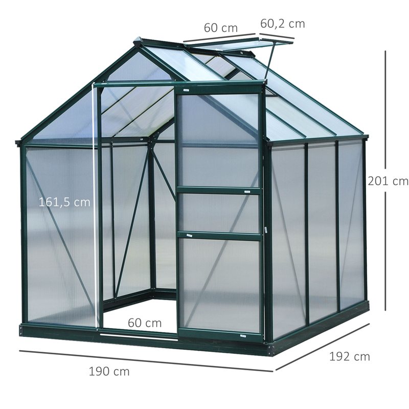 Outsunny 6 x 6ft Polycarbonate Greenhouse, Large Walk-In Green House with Slide Door and Window, Garden Plants Grow House with Aluminium Frame and Foundation, Dark Green