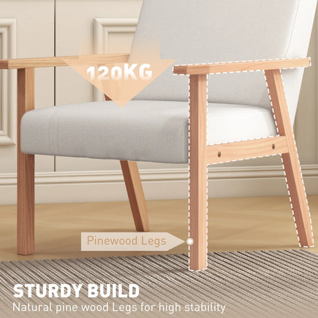 HOMCOM Modern Armchair, Linen Upholstered Sofa with Solid Wood Legs and Wide Seat, Accent Chair for Living Room Bedroom Office, Cream White
