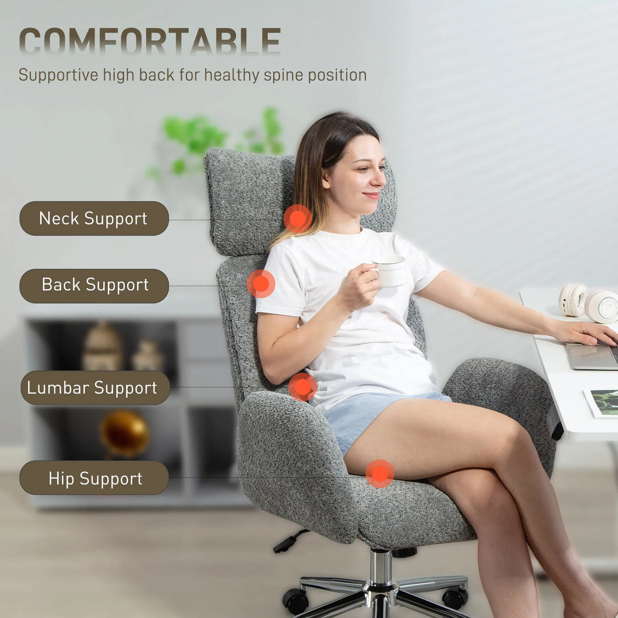 HOMCOM Office Chair with Adjustable Headrest, Spring Pack, Curved Line, Boucle Fabric - Charcoal Grey