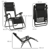 Outsunny Garden Recliner Chairs Set of 2, Outdoor Foldable Zero Gravity Chairs Set w/ Footstool and Detachable Headrest, Black