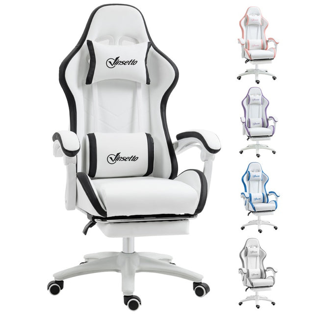 Vinsetto Computer Gaming Chair, PU Leather Desk Chair with Footrest, Swivel Task Chair with 135° Reclining Back and Lumbar Support, PC Chair for Adults, White and Black