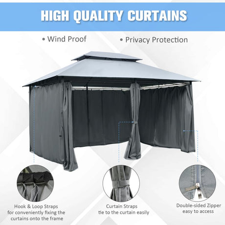 Outsunny 4m x 3(m)Garden Gazebo, Double Roof Outdoor Gazebo Canopy Shelter with Curtains, Solid Steel Frame for Lawn and Deck, Grey