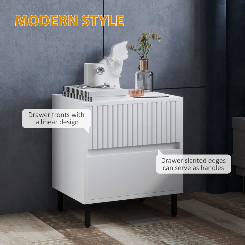 HOMCOM Simple Line Indented Two-Drawer Bedside Table - White