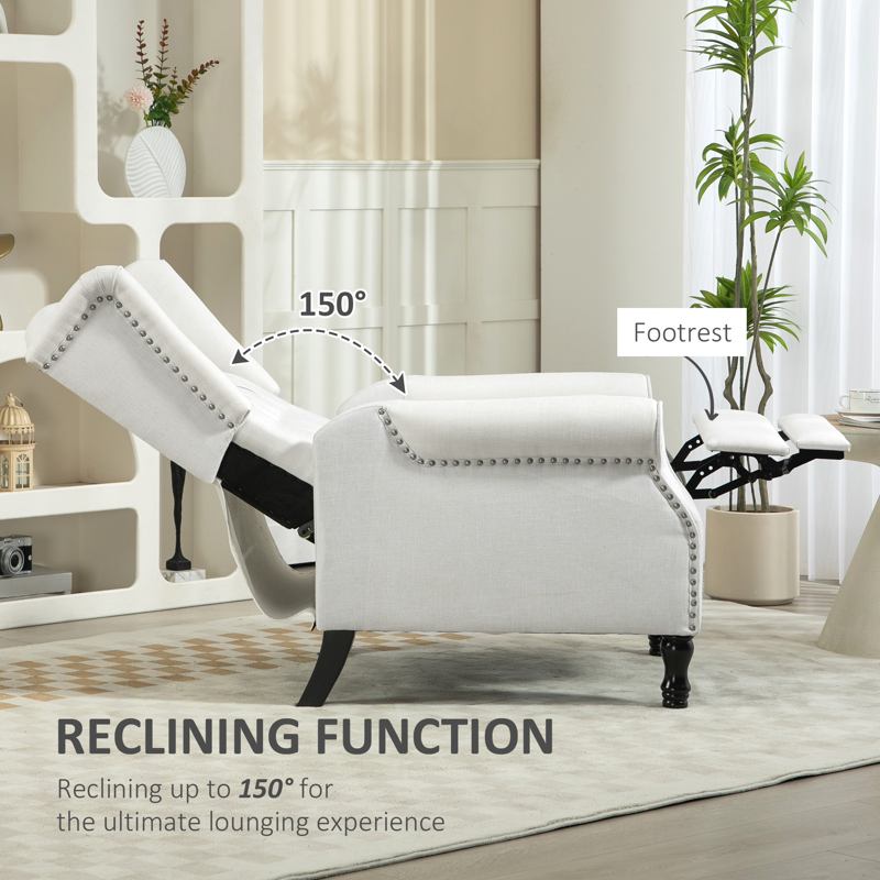 HOMCOM Recliner Armchair, Vintage Reclining Chair with Nail Head Trim, Wingback Chair with Button Tufted Back and Footrest, for Living Room, Cream White