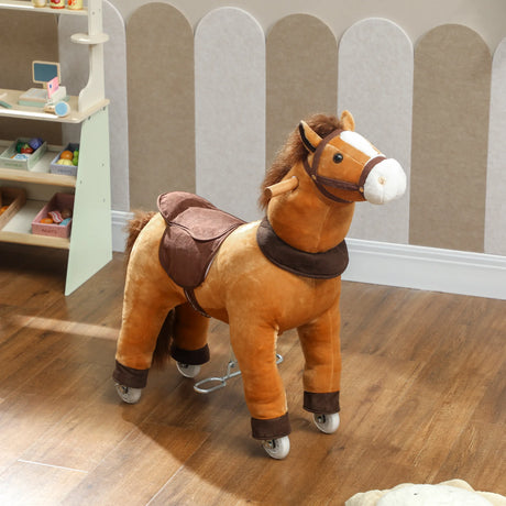 AIYAPLAY Ride On Horse, Plush Walking Horse Toy with Wheels and Saddle for Ages 3-5 Years Old, Brown
