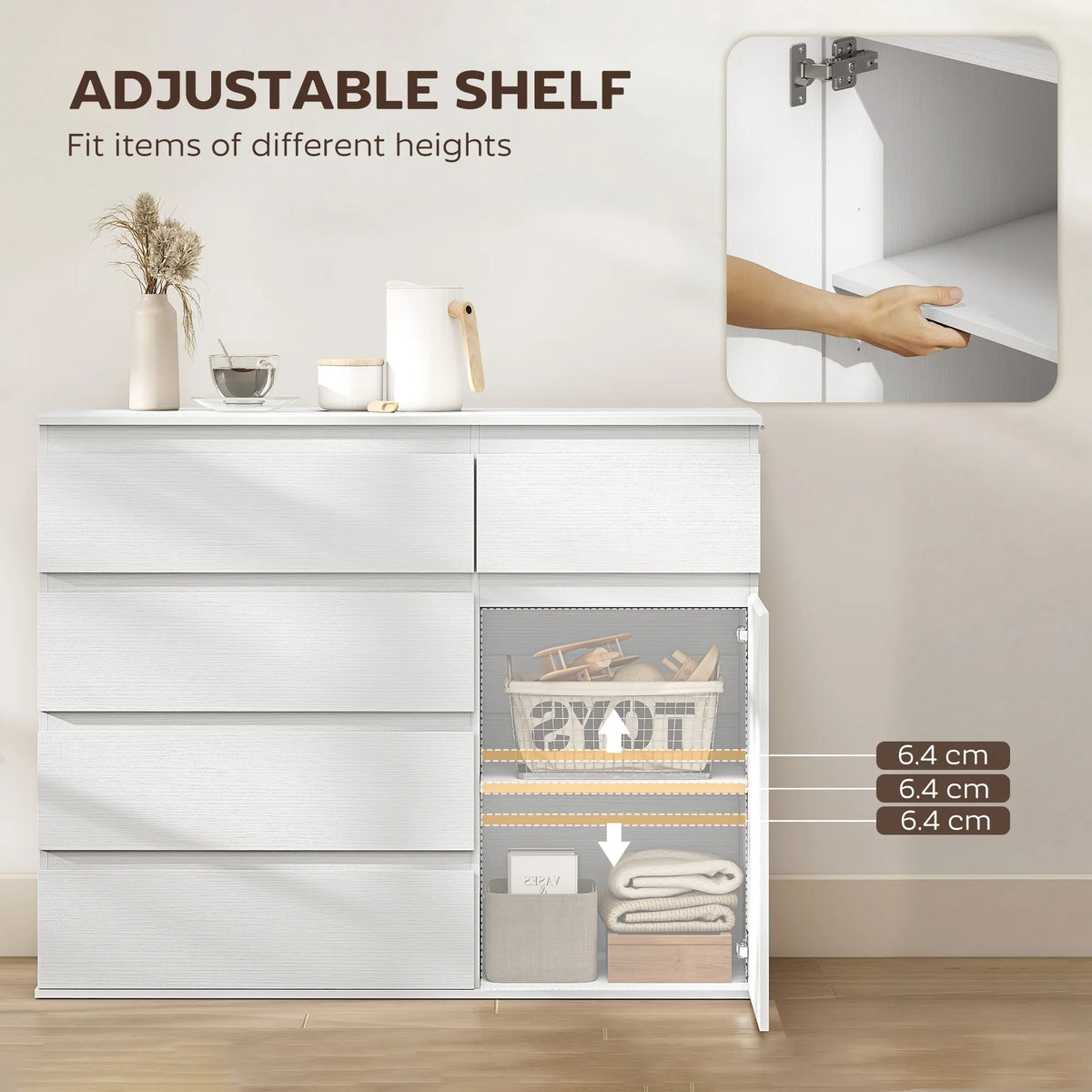 HOMCOM Modern Sideboard, Sideboard Storage Cabinet with 5 Drawers, Adjustable Shelf, Soft-Close Door, White