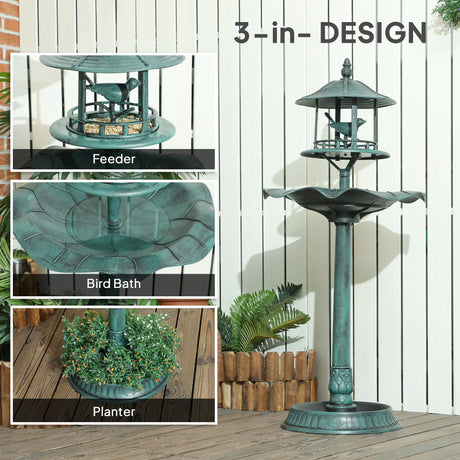 Outsunny 3-in-1 Garden Bird Bath, Freestanding Birdbath with Large Water Basin, Underneath Flower Planter, 50 x 113 cm, Green