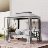 Outsunny 3 Seater Convertible Swing Chair, Outdoor Gazebo Swing Seat Bed with Double Tier Canopy, Cushioned Seat, Mesh Sidewalls, Light Grey