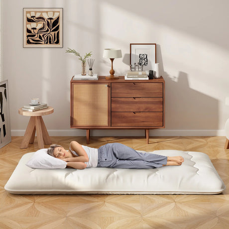 Japanese Floor Mattress with Washable Cover and Carry Bag-Beige-Compact Double