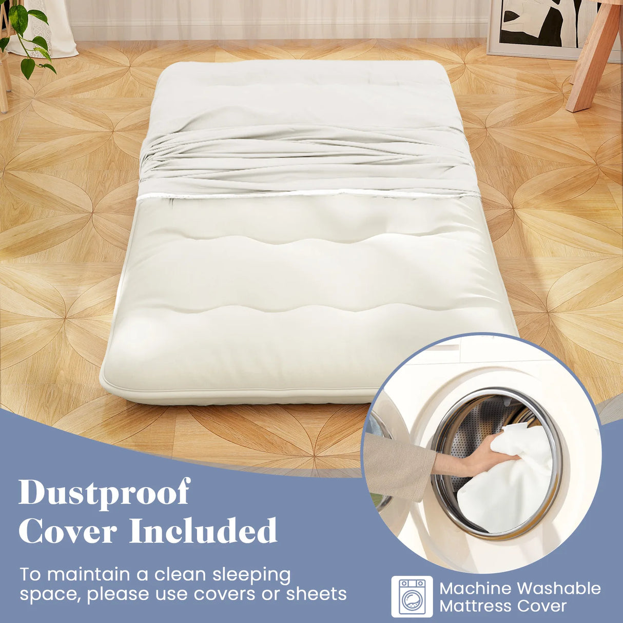 Japanese Floor Mattress with Washable Cover and Carry Bag-Beige-Compact Double